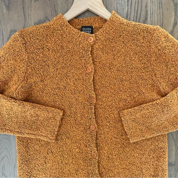 Eileen Fisher Petite Crew Neck Bouclé Cashmere Blend Cardigan Sweater Orange XSP - Picture 2 of 8